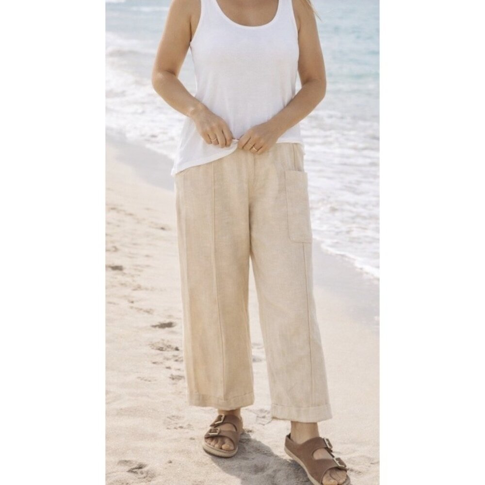 VTG Linen Wide Leg Cropped Pants Beige Pull On Drawstring Waist One Size Coastal